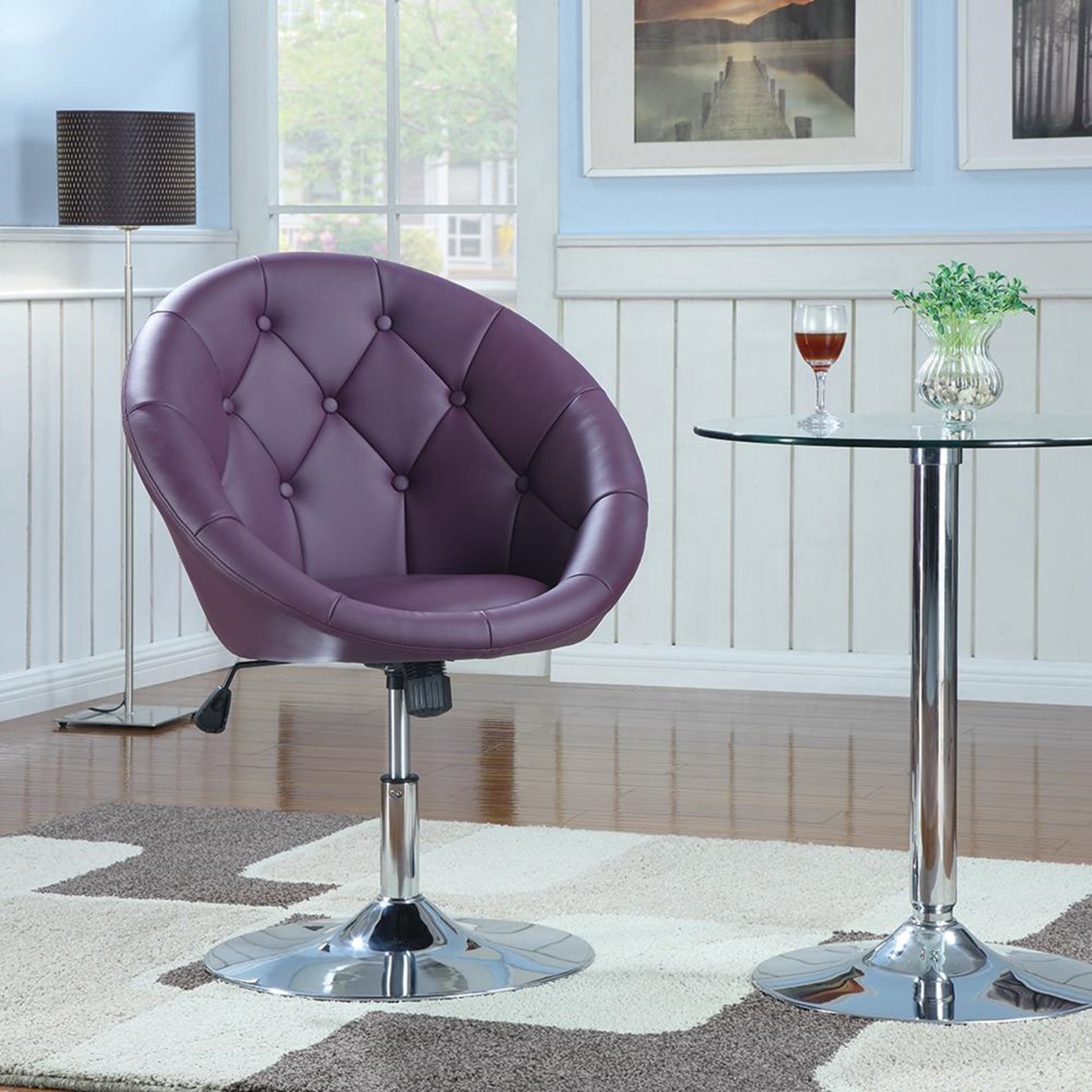 Transitional Purple and Chrome Swivel Chair - Click Image to Close
