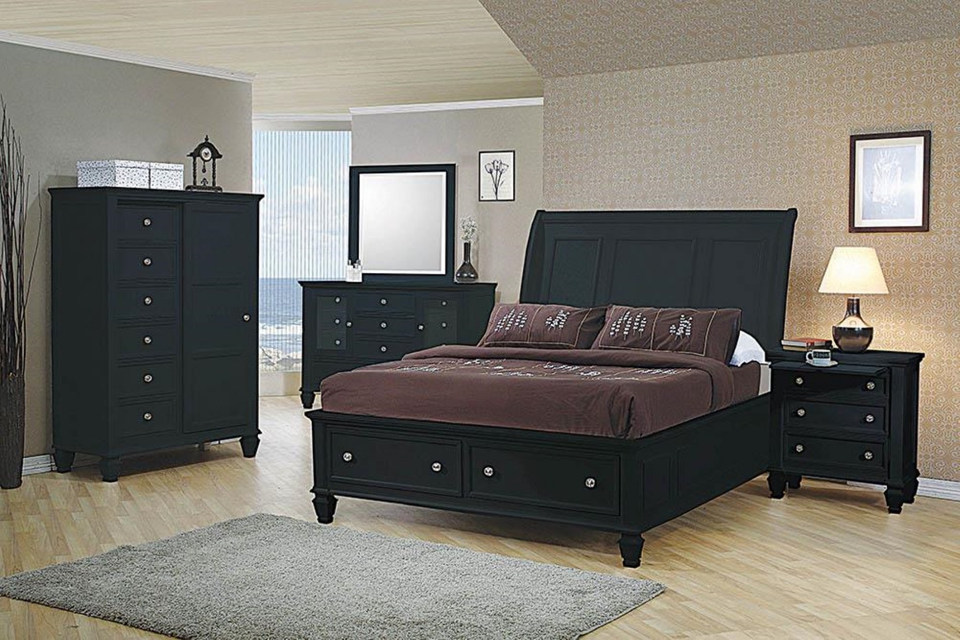 Sandy Beach Black King Sleigh Bed With Footboard Storage - Click Image to Close