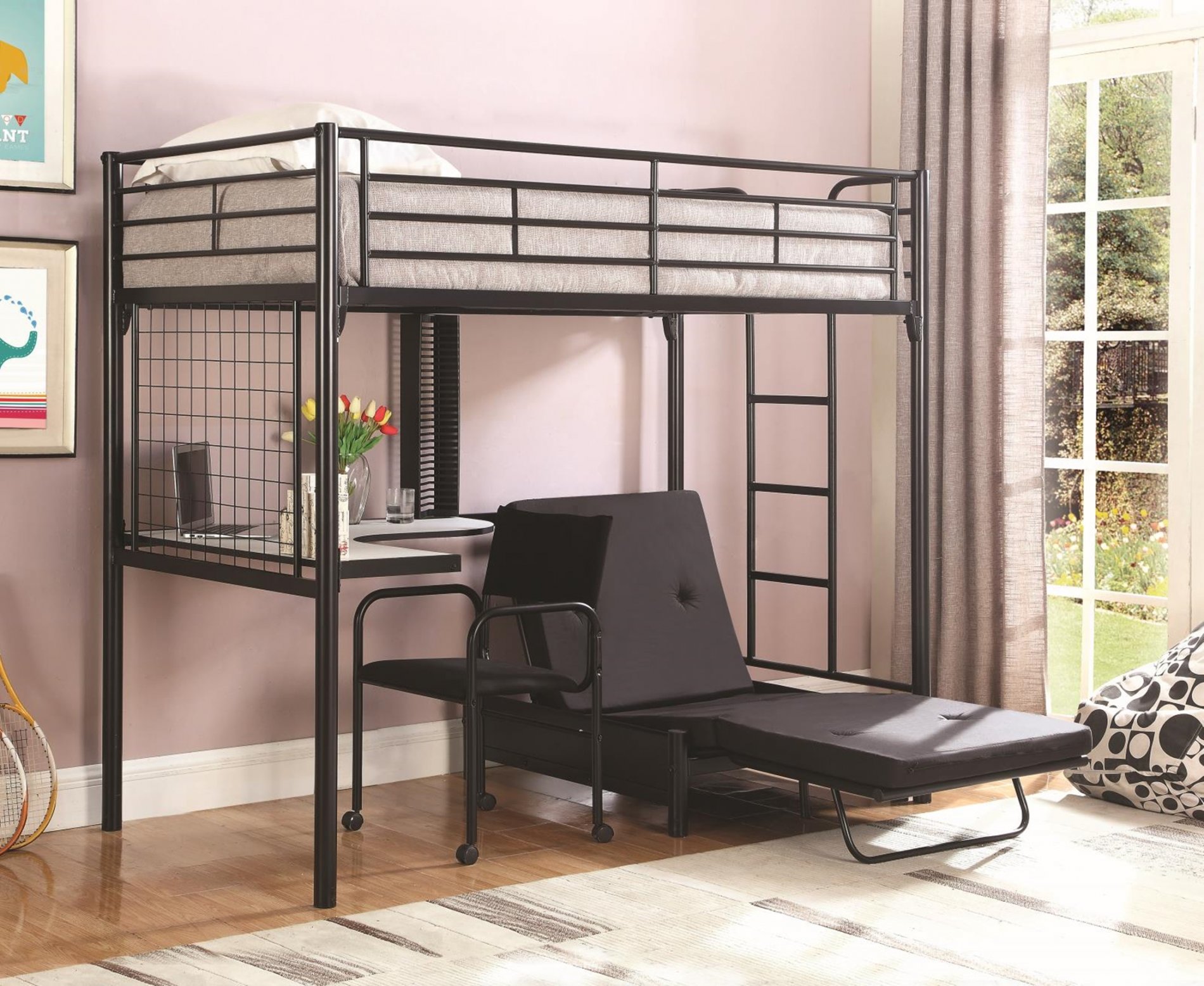 Contemporary Metal Loft Bunk Bed With Desk - Click Image to Close