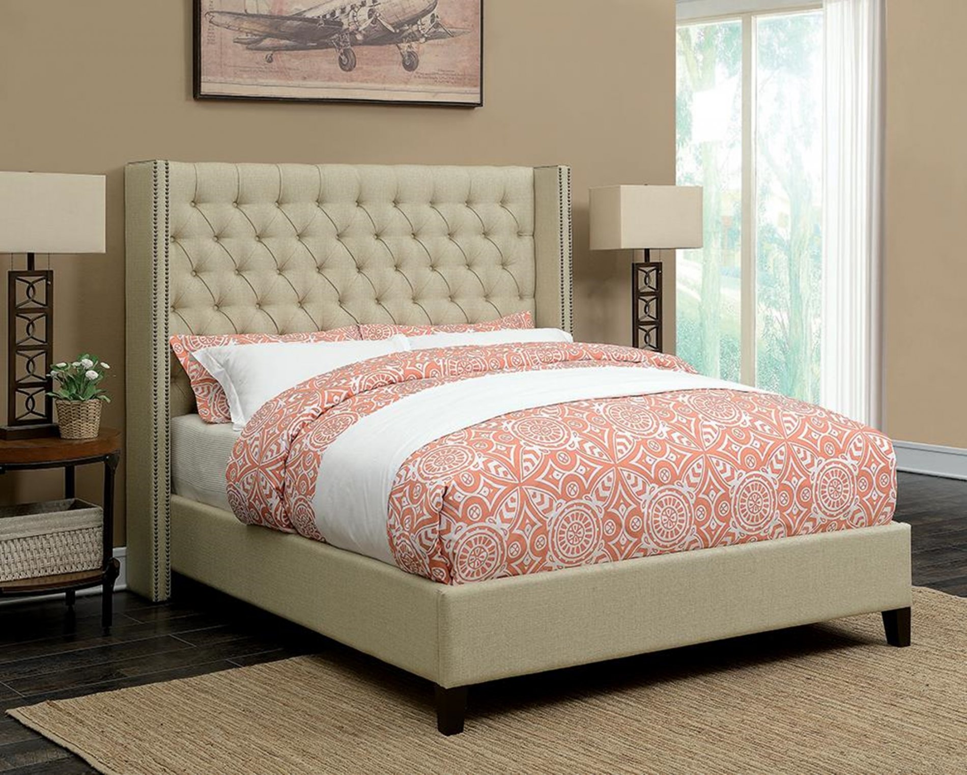 Benicia Beige Upholstered King Bed - Click Image to Close