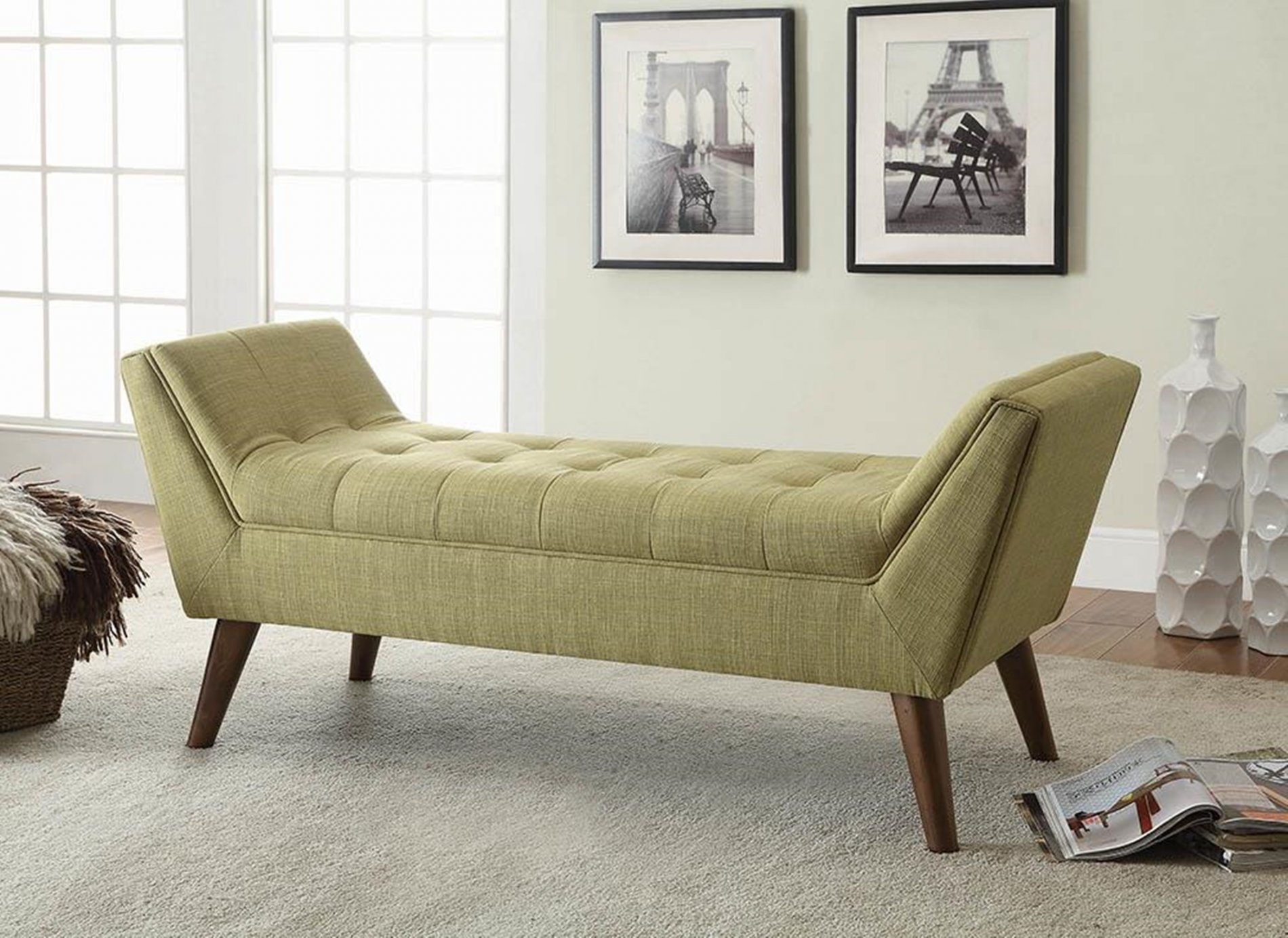 Light Green Mid-Century Modern Accent Bench - Click Image to Close