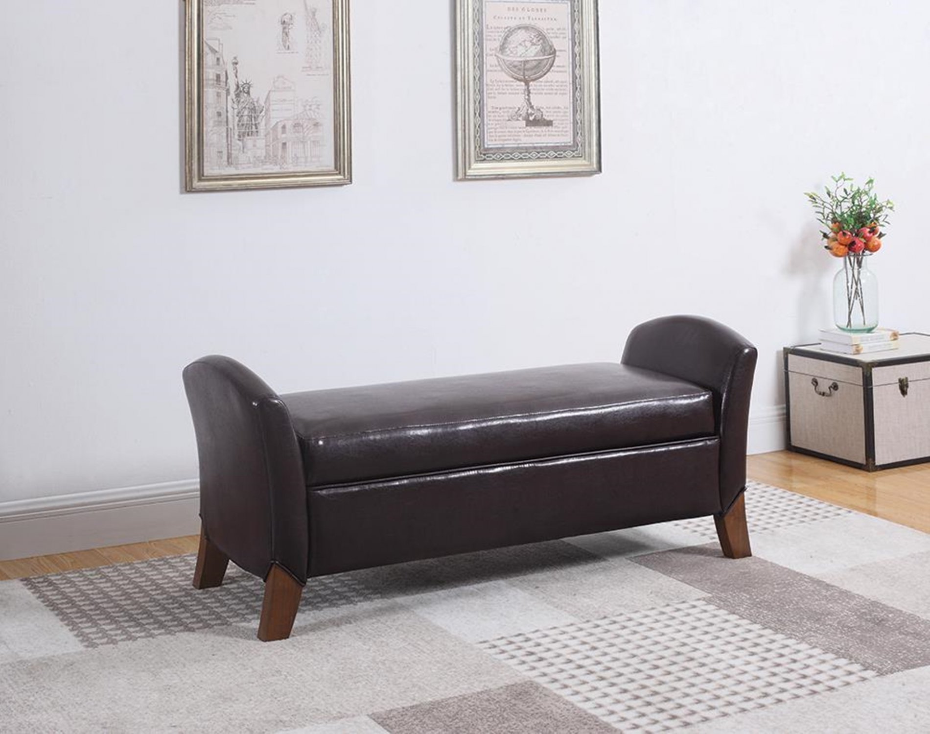 Upholstered Brown Faux Leather Bench - Click Image to Close
