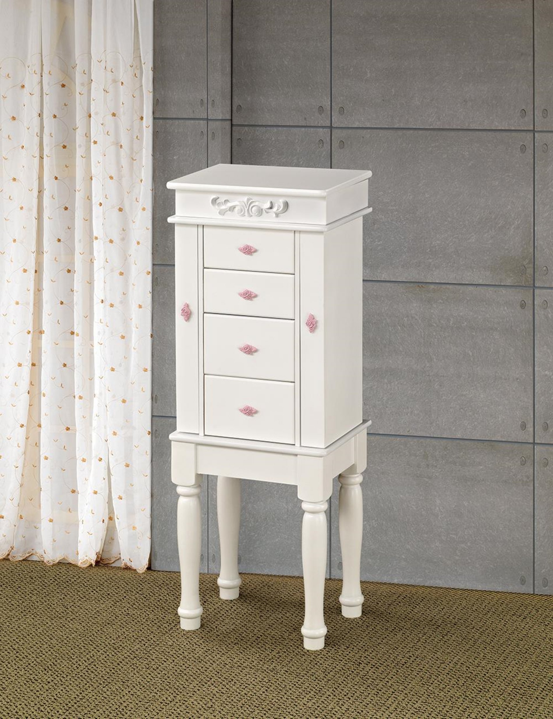 Traditional White Jewelry Armoire with Pink Interior - Click Image to Close