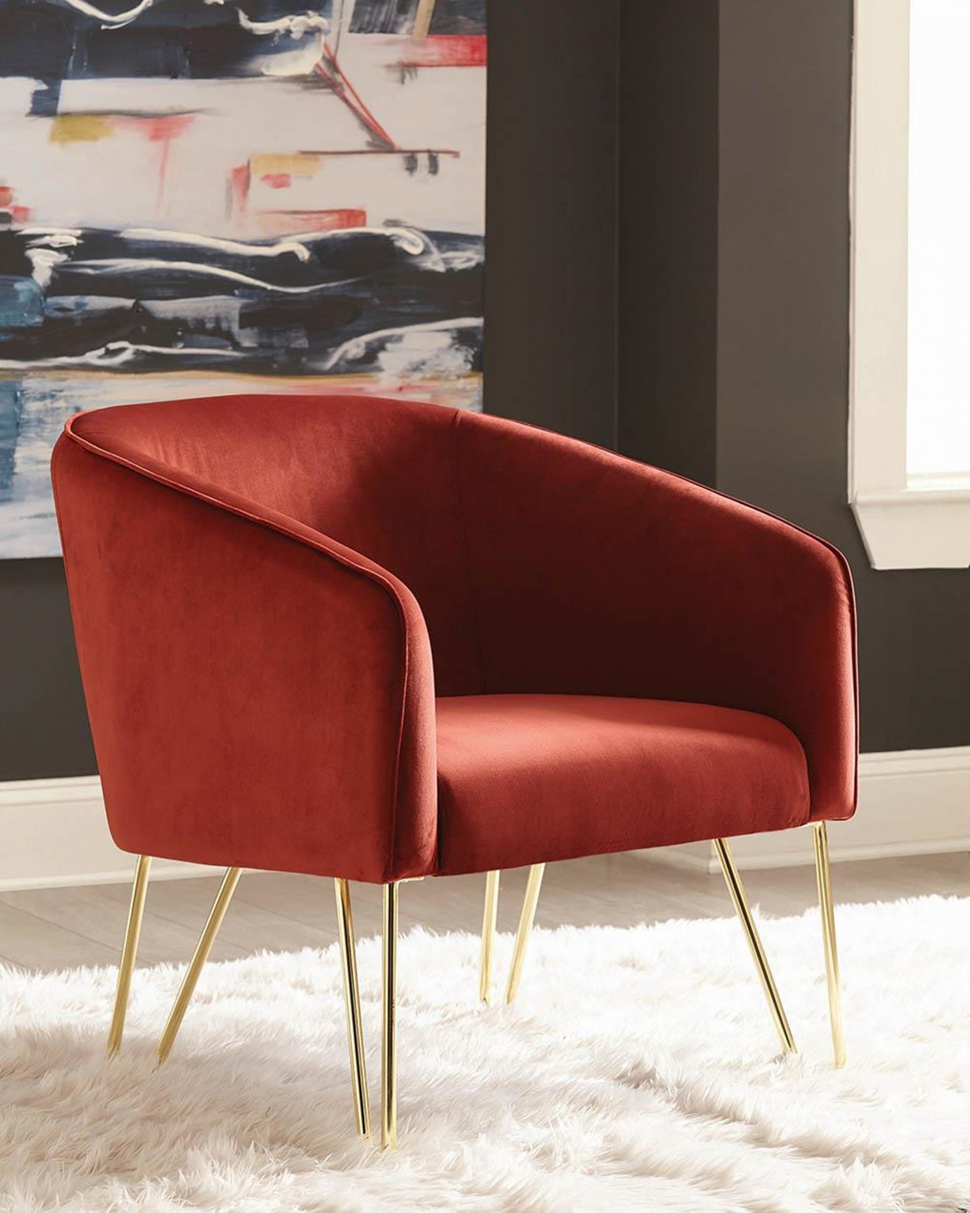 Modern Red and Brass Accent Chair - Click Image to Close