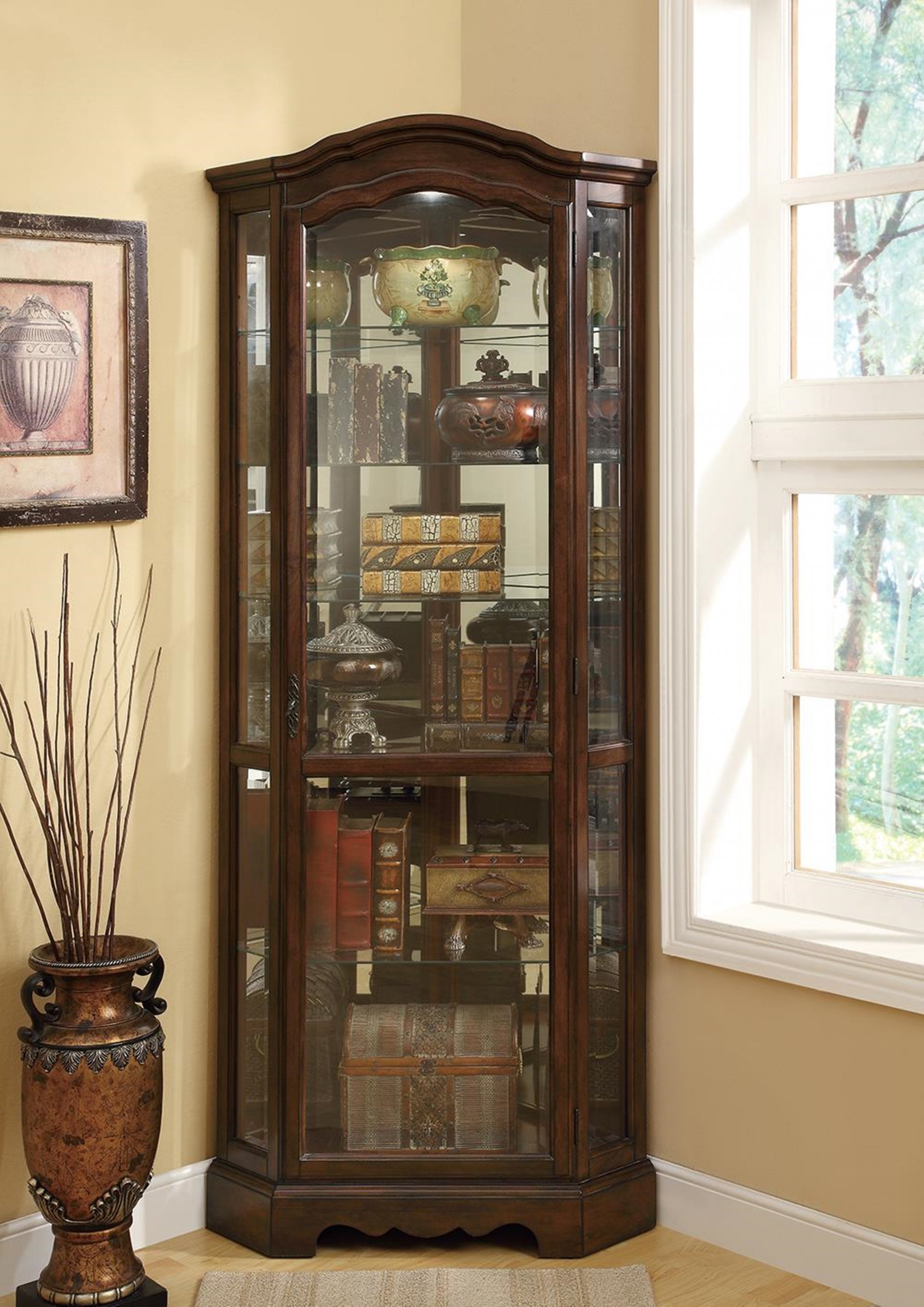 Traditional Rich Brown Corner Curio Cabinet - Click Image to Close