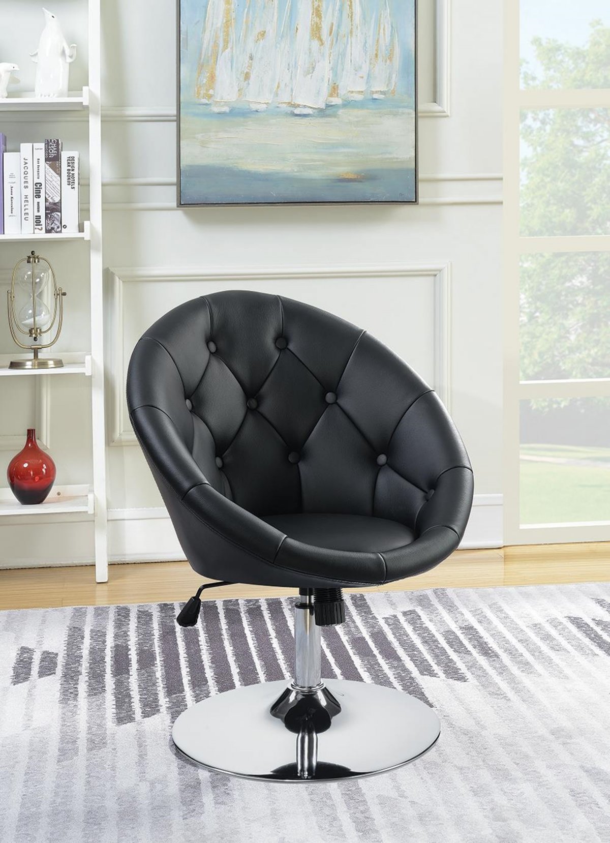 Contemporary Black Faux Leather Swivel Accent Chair